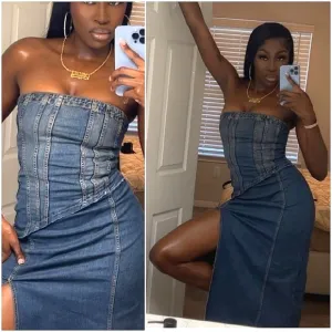 Zara  denim * strapless midi dress slit size XS