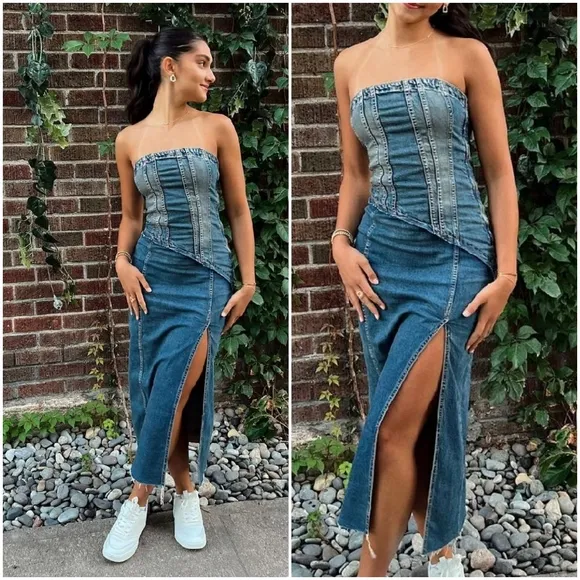 Zara  denim * strapless midi dress slit size XS