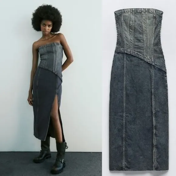 Zara  denim * strapless midi dress slit size XS