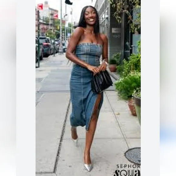 Zara  denim * strapless midi dress slit size XS