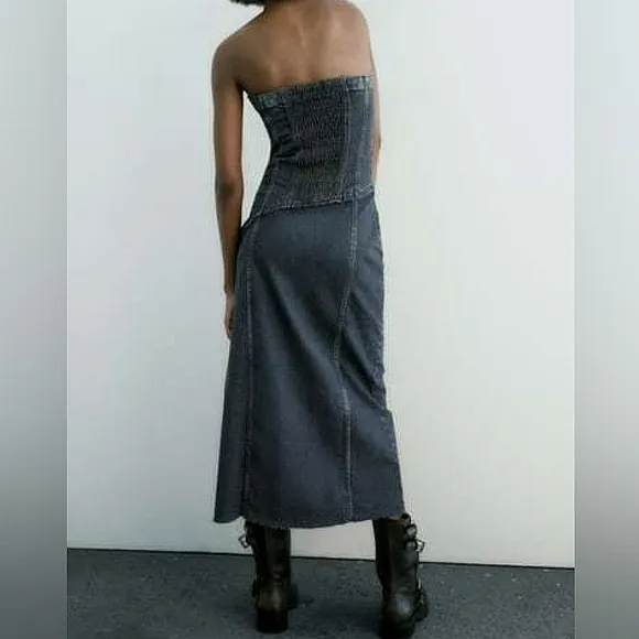 Zara  denim * strapless midi dress slit size XS