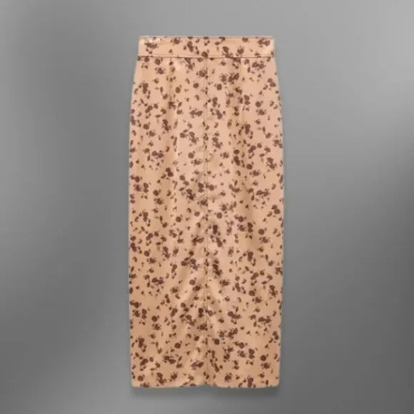 Zara Floral Skirt with Back Slit High Waist Zip Closure Gold Brown W Small NWT