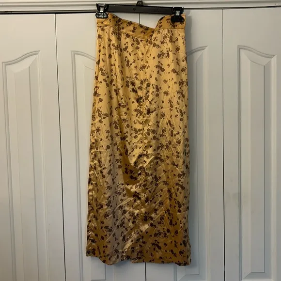 Zara Floral Skirt with Back Slit High Waist Zip Closure Gold Brown W Small NWT