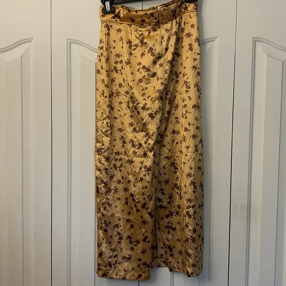 Zara Floral Skirt with Back Slit High Waist Zip Closure Gold Brown W Small NWT