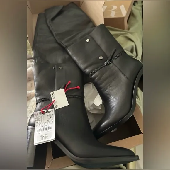 ZARA Knee high boots made of leather with multi-positional detail 7.5 NWT