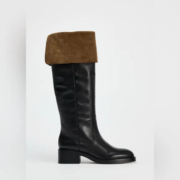 Zara Knee High Leather Boots Size 10 NWT contrasting turned up detail round toe