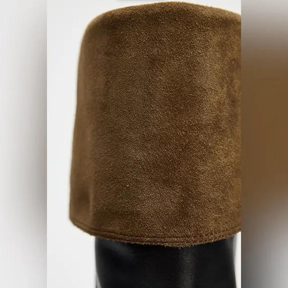 Zara Knee High Leather Boots Size 10 NWT contrasting turned up detail round toe