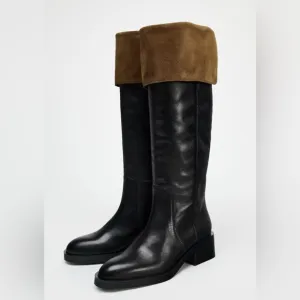Zara Knee High Leather Boots Size 10 NWT contrasting turned up detail round toe