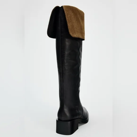 Zara Knee High Leather Boots Size 10 NWT contrasting turned up detail round toe