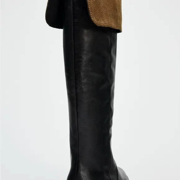 Zara Knee High Leather Boots Size 10 NWT contrasting turned up detail round toe