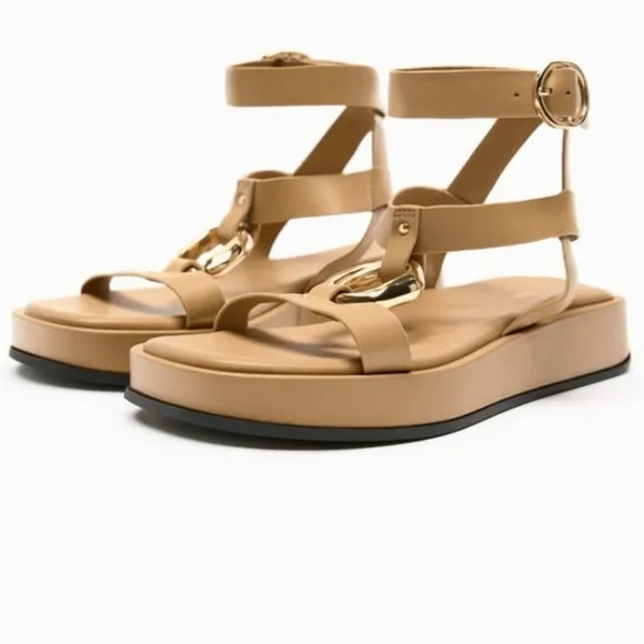 Zara Leather Embellished Flatform Sandals
