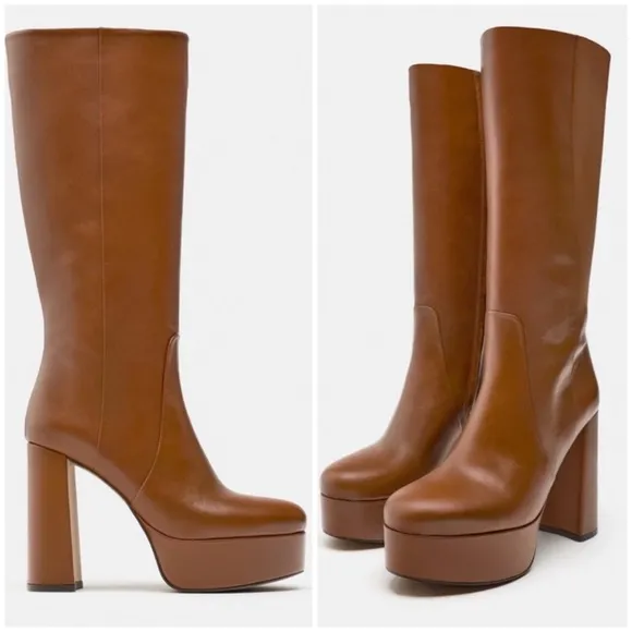 Zara platform leather Boots 2024, camel, designer HTF