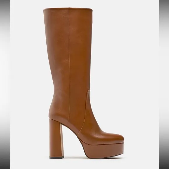 Zara platform leather Boots 2024, camel, designer HTF