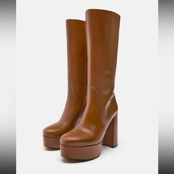 Zara platform leather Boots 2024, camel, designer HTF