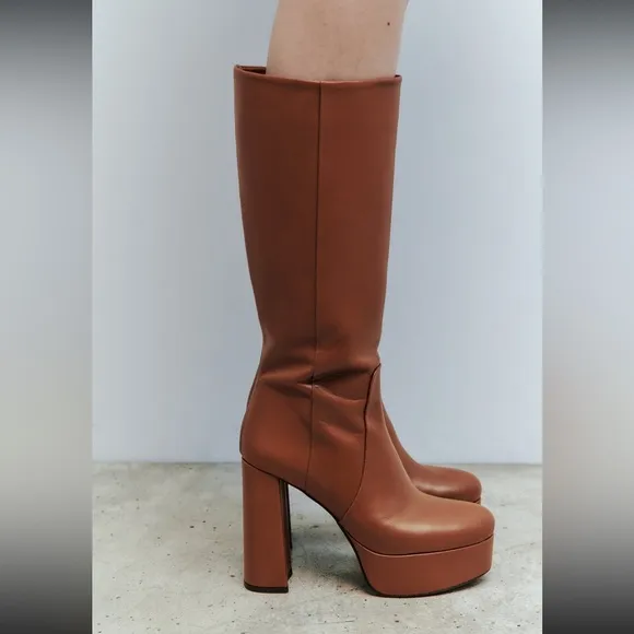 Zara platform leather Boots 2024, camel, designer HTF