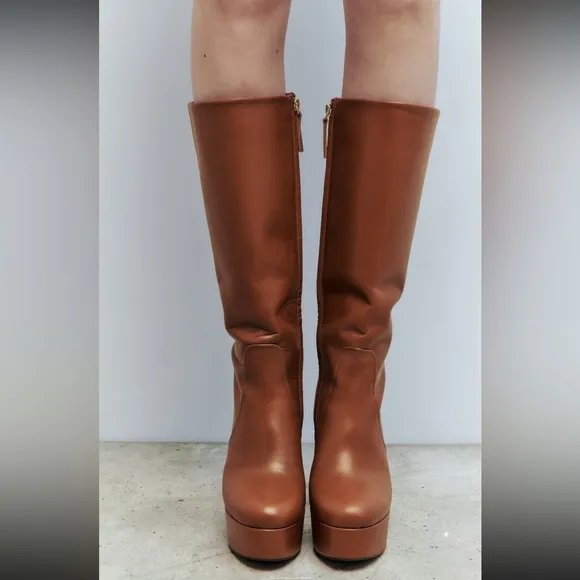 Zara platform leather Boots 2024, camel, designer HTF