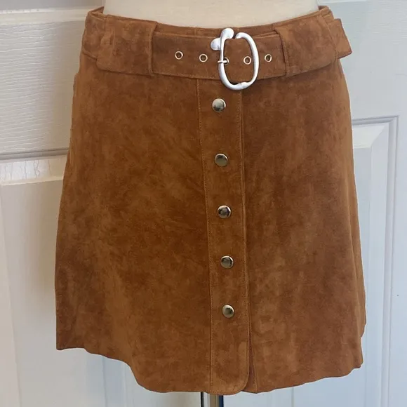 Zara Real Leather Suede Snap Front Mini Skirt Size M