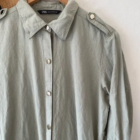 Zara Sage Green Utility Button Down Long Sleeve Midi Shirt Dress XL