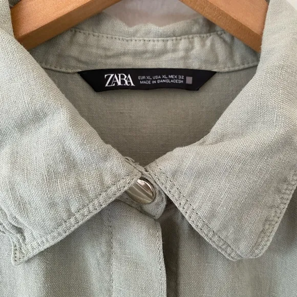 Zara Sage Green Utility Button Down Long Sleeve Midi Shirt Dress XL