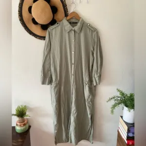 Zara Sage Green Utility Button Down Long Sleeve Midi Shirt Dress XL