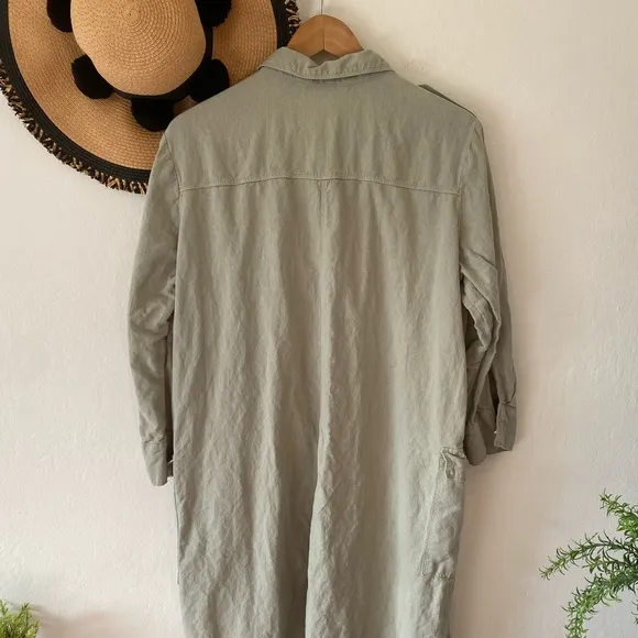 Zara Sage Green Utility Button Down Long Sleeve Midi Shirt Dress XL
