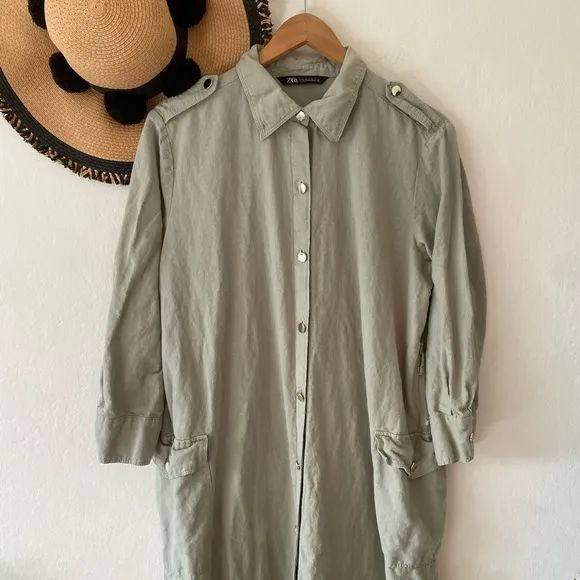 Zara Sage Green Utility Button Down Long Sleeve Midi Shirt Dress XL