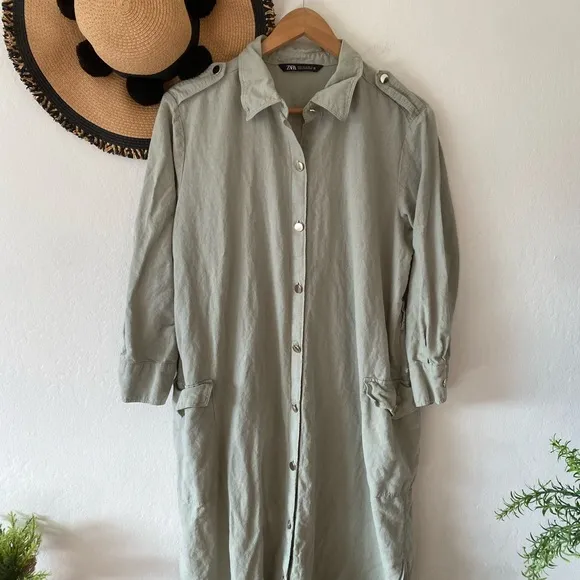 Zara Sage Green Utility Button Down Long Sleeve Midi Shirt Dress XL