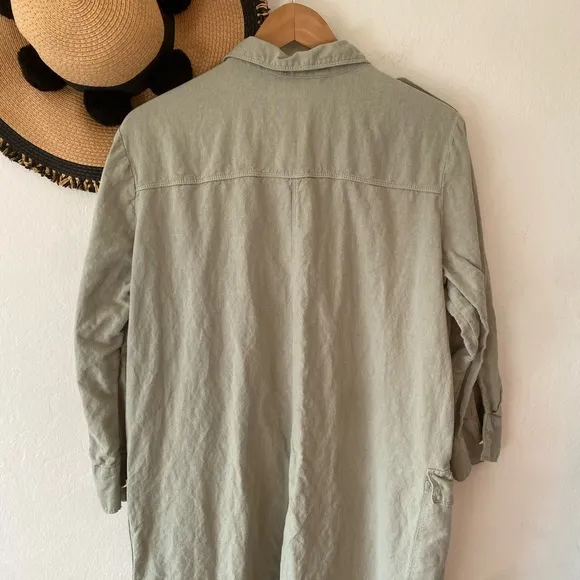 Zara Sage Green Utility Button Down Long Sleeve Midi Shirt Dress XL