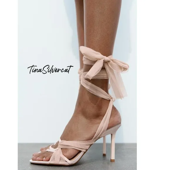 Zara Tulle Heel Sandals Pink NWT