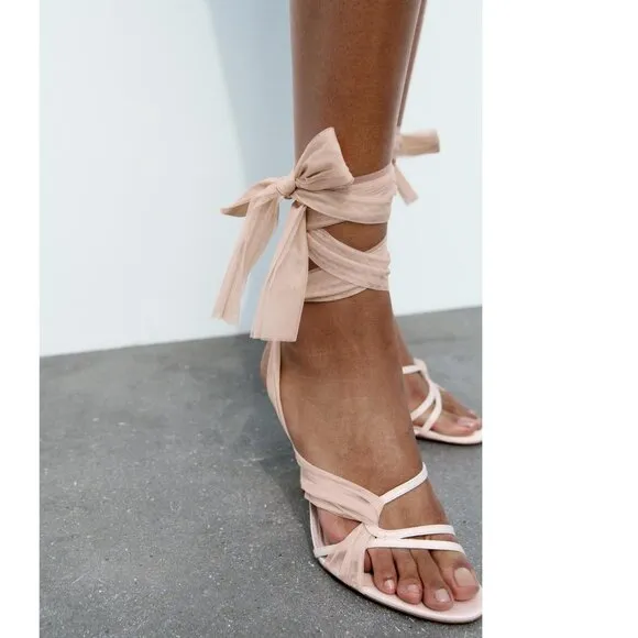 Zara Tulle Heel Sandals Pink NWT