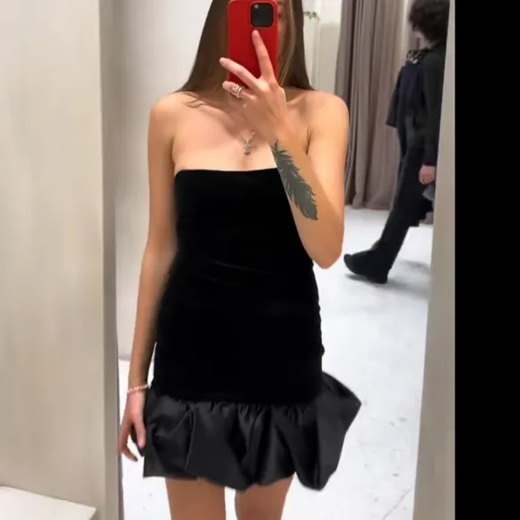 Zara VELVET MINI DRESS Black Size S