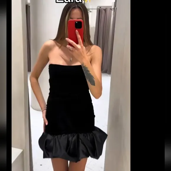 Zara VELVET MINI DRESS Black Size S