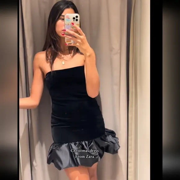 Zara VELVET MINI DRESS Black Size S