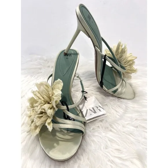 ZARA WOMAN NWT SS24 GREEN HEELED SANDALS WITH MAXI FLOWER SIZES US 10 3316/410
