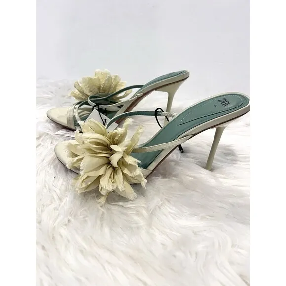 ZARA WOMAN NWT SS24 GREEN HEELED SANDALS WITH MAXI FLOWER SIZES US 10 3316/410