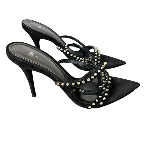 Zara Women Black Studded Suede/Leather Ankle Strap Sandals Size 41 US 10