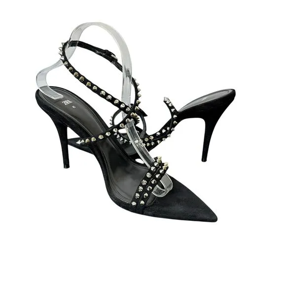 Zara Women Black Studded Suede/Leather Ankle Strap Sandals Size 41 US 10