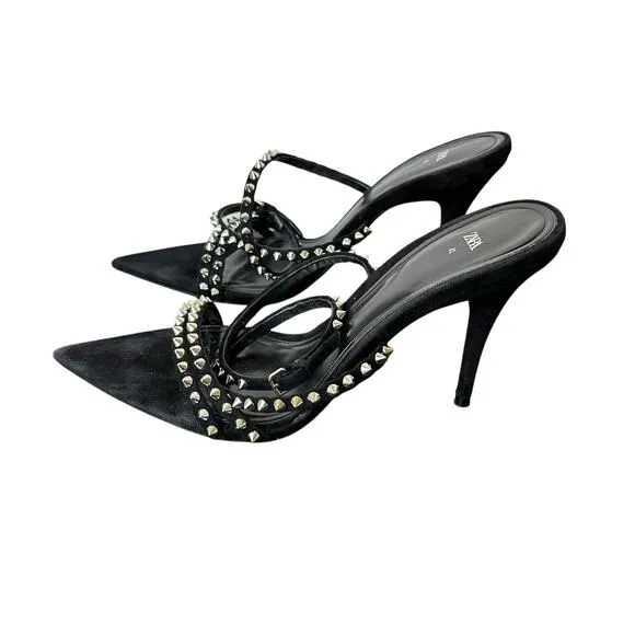 Zara Women Black Studded Suede/Leather Ankle Strap Sandals Size 41 US 10