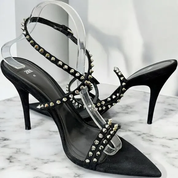 Zara Women Black Studded Suede/Leather Ankle Strap Sandals Size 41 US 10