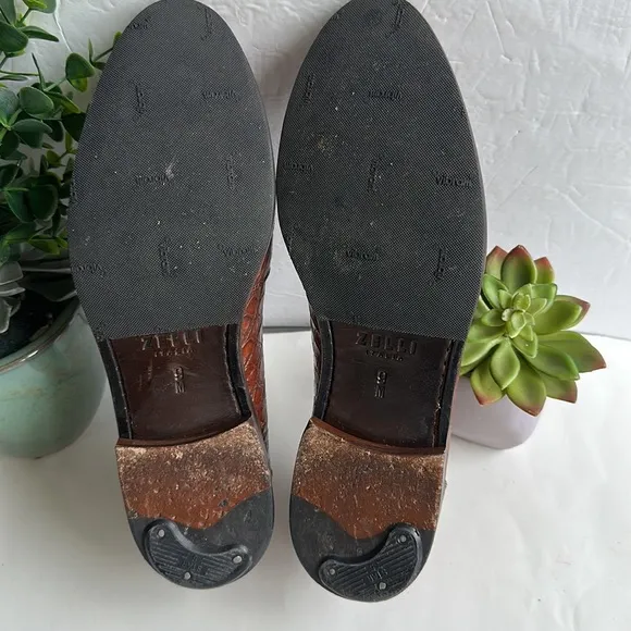 ZELLI 11-119-TUSCANY CROCODILE PENNY LOAFERS IN CHESTNUT BROWN-SZ 9