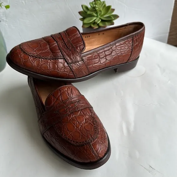 ZELLI 11-119-TUSCANY CROCODILE PENNY LOAFERS IN CHESTNUT BROWN-SZ 9