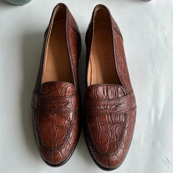 ZELLI 11-119-TUSCANY CROCODILE PENNY LOAFERS IN CHESTNUT BROWN-SZ 9