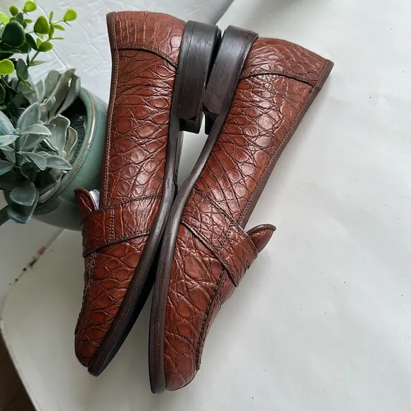 ZELLI 11-119-TUSCANY CROCODILE PENNY LOAFERS IN CHESTNUT BROWN-SZ 9