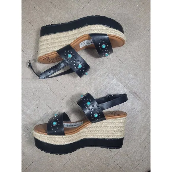 Zodiac Women's Size 6 Black Turquoise Studs Wedge Espadrilles sandals shoes 346