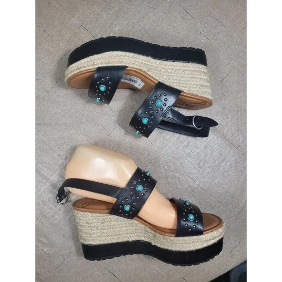 Zodiac Women's Size 6 Black Turquoise Studs Wedge Espadrilles sandals shoes 346