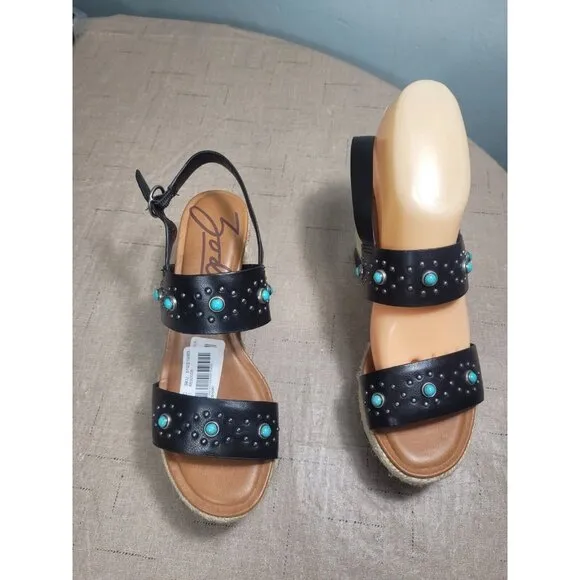 Zodiac Women's Size 6 Black Turquoise Studs Wedge Espadrilles sandals shoes 346